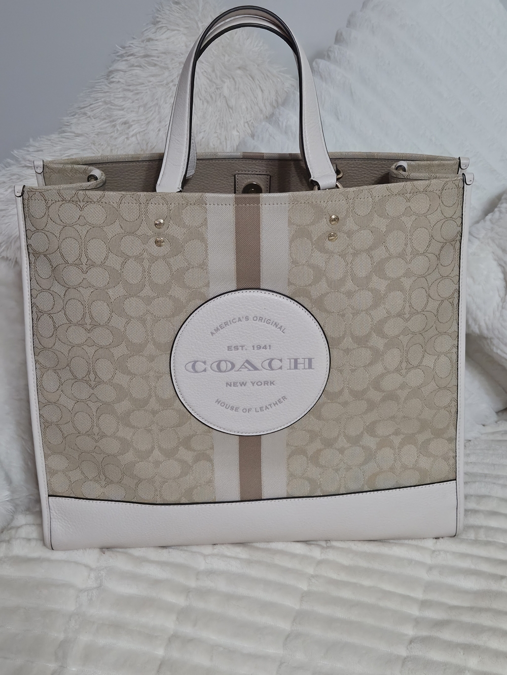 Coach Beige and White Signature Tote